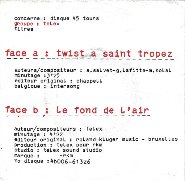 Telex - Twist a Saint-Tropez (7inch)